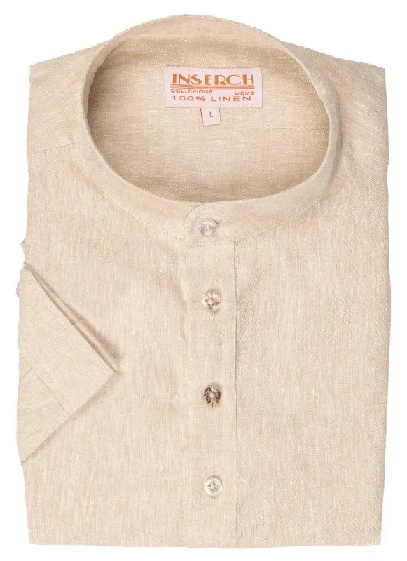 Clearance Event MEN'S OATMEAL LINEN BANDED COLLAR POP OVER SHIRT BY INSERCH