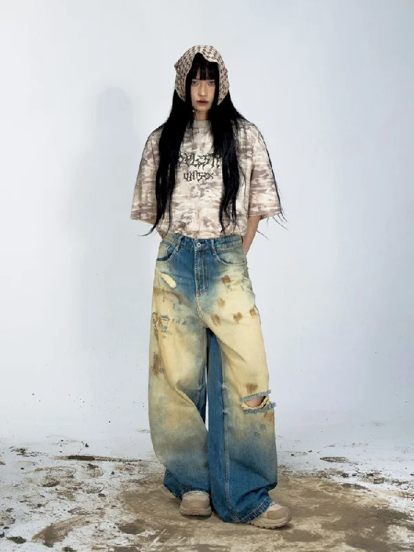 Weekend Deals That Wow YELLOW MUD DYED RIPPED BLUE STRAIGHT JEANS [S0000008487]