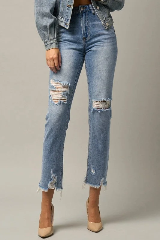 While Supplies Last High Waist Distressed Fray Straight Jeans