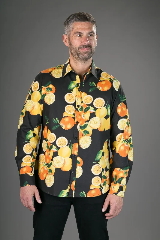 Mega Deal Oranges Black Print Cotton Slim Fit Mens Shirt Long Sleeve