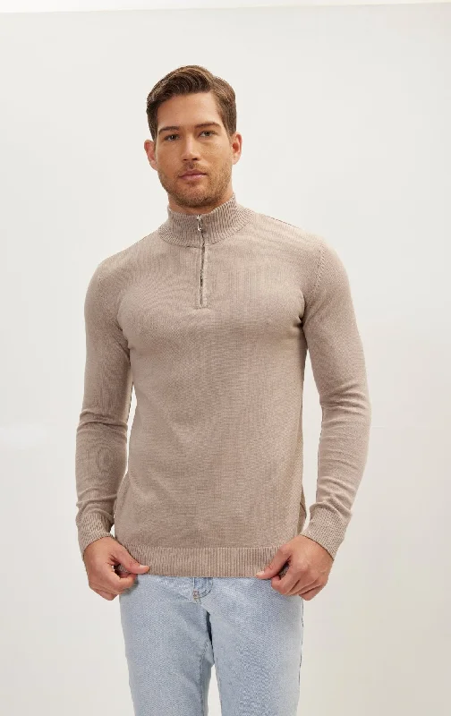 Blowout Deals Quarter Zipper Mock Neck Ribbed Sweater - Beige