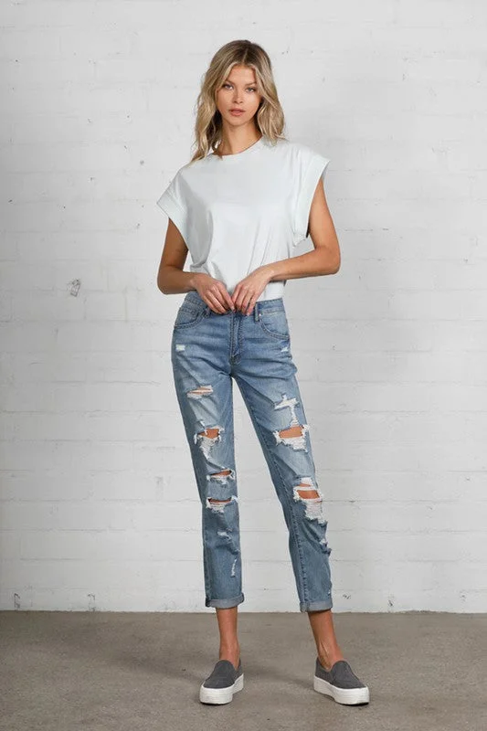 Celebrate the Weekend with Discounts Mid Rise Heavy Destroyed Jeans