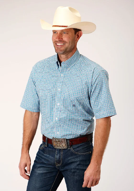 Deep Discounts Roper Mens Turquoise Cotton Blend Stretch Check BD S/S Shirt