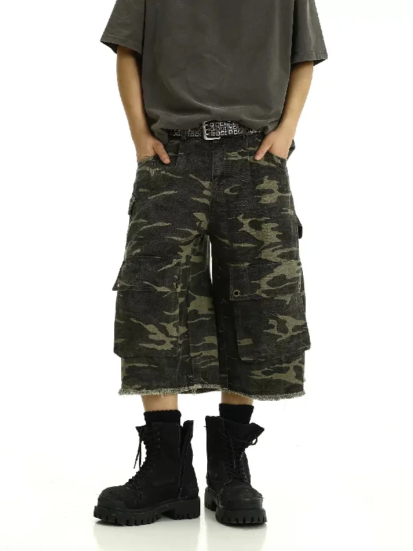 Limited Quantity Camouflage Frayed Denim Shorts