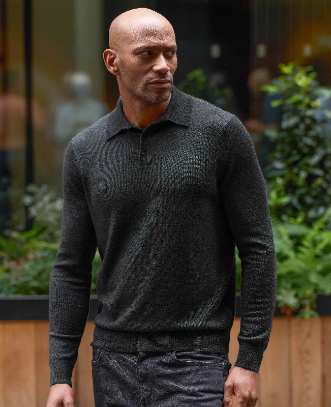 Weekend Shopping Made Better Charcoal Merino Wool Knitted Polo Shirt