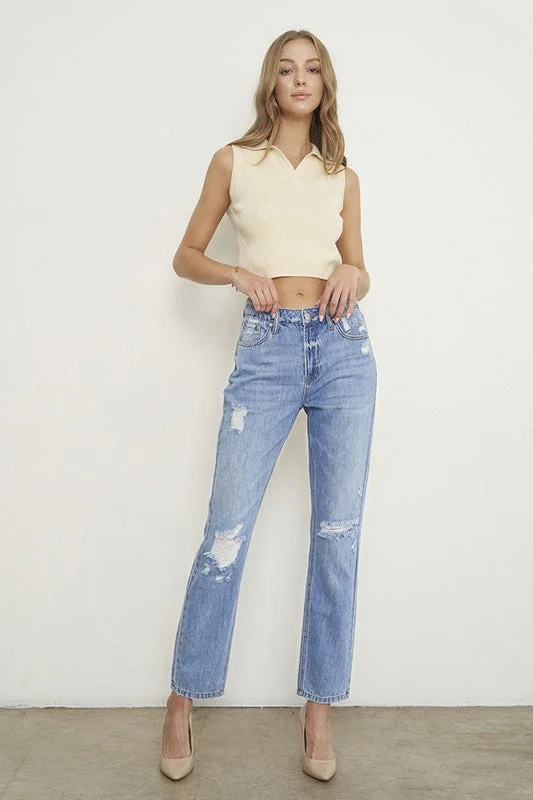Can't Be Beat High Rise Distressed Girlfriend Jeans