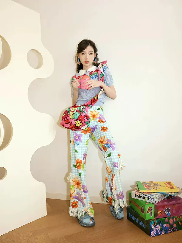 Doorbuster Deal Plaid flower casual pants【s0000007768】