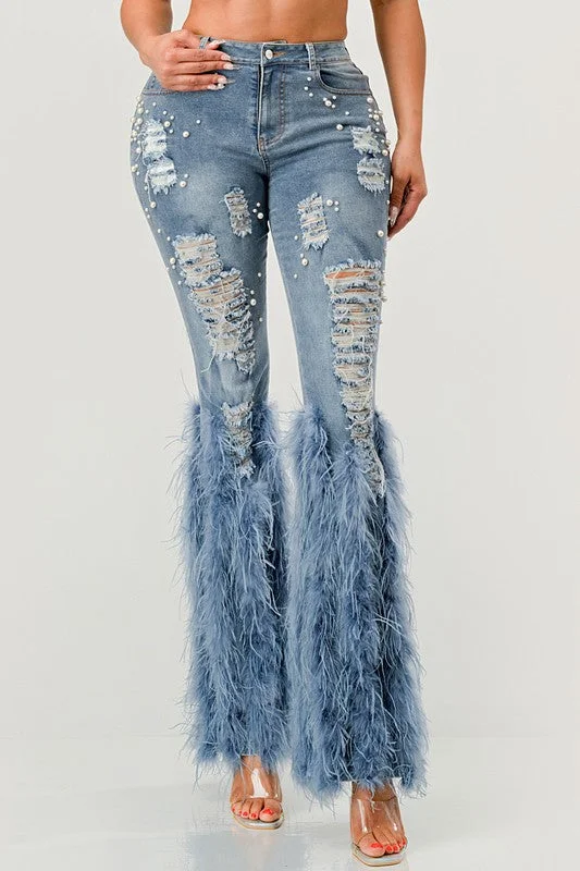 Weekend Deals That Dazzle Distressed Pearl Embellished Feather Detail Jeans