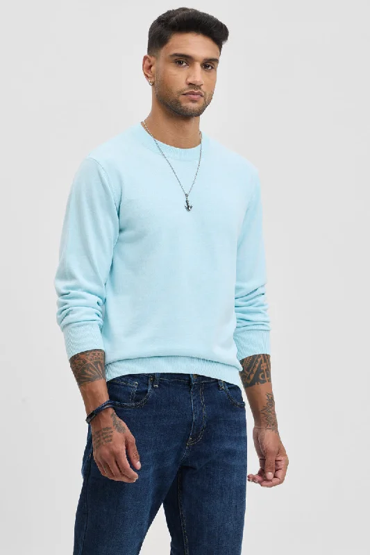 Overstock Sale Light Blue Solid Slim Fit Sweater