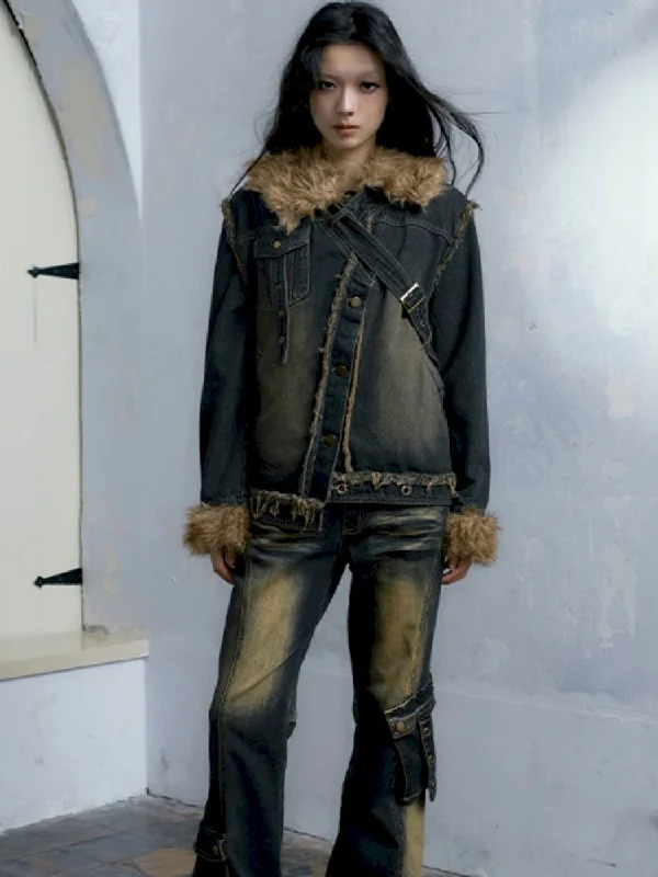 Price Slash Washed and old denim wool flare pants【s0000005240】