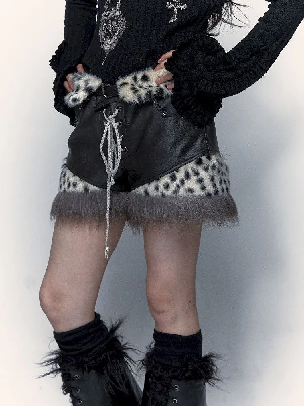 Price Buster Leopard Patchwork Plush Leather Shorts【s0000005015】