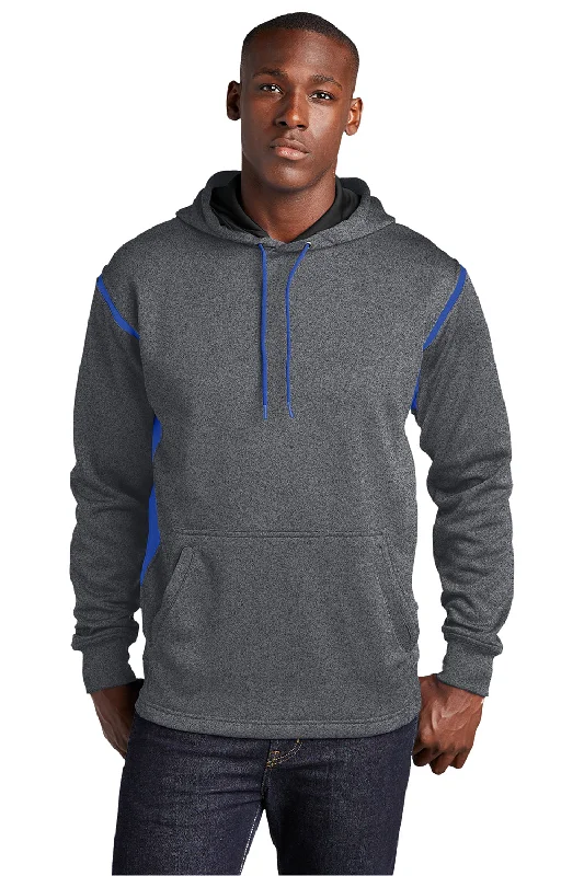Sale Event Sport-Tek Mens Tech Moisture Wicking Fleece Hooded Sweatshirt Hoodie w/ Pouch Pocket - Heather Graphite Grey/True Royal Blue