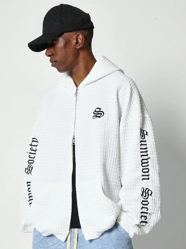 Hurry Up Oversized Quilted Texture Zip-Up Hoodie With Letter Graphic Print