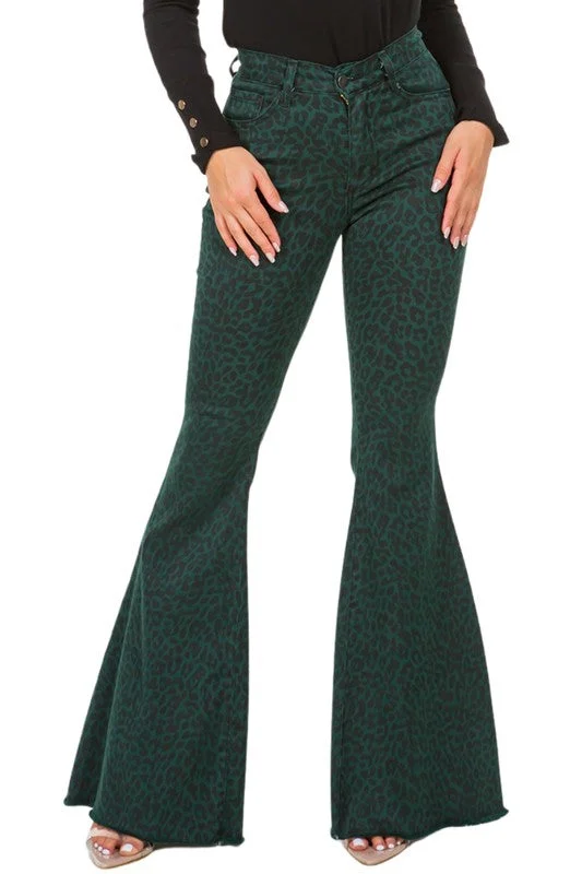 Year-End Clearance Leopard Bell Bottom Jean in Pine Green