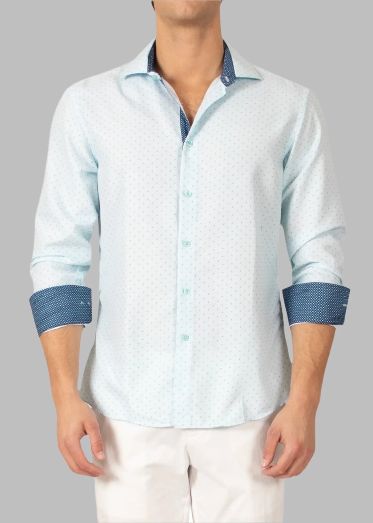 Blowout Sale BC Collection Fancy Dotted Print Long Sleeve Shirt- Turquoise