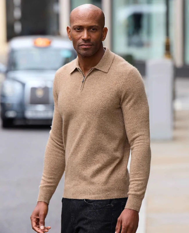 Weekend Extravaganza: Shop Now Oatmeal Merino Wool Cashmere Zip Neck Long Sleeve Polo Shirt