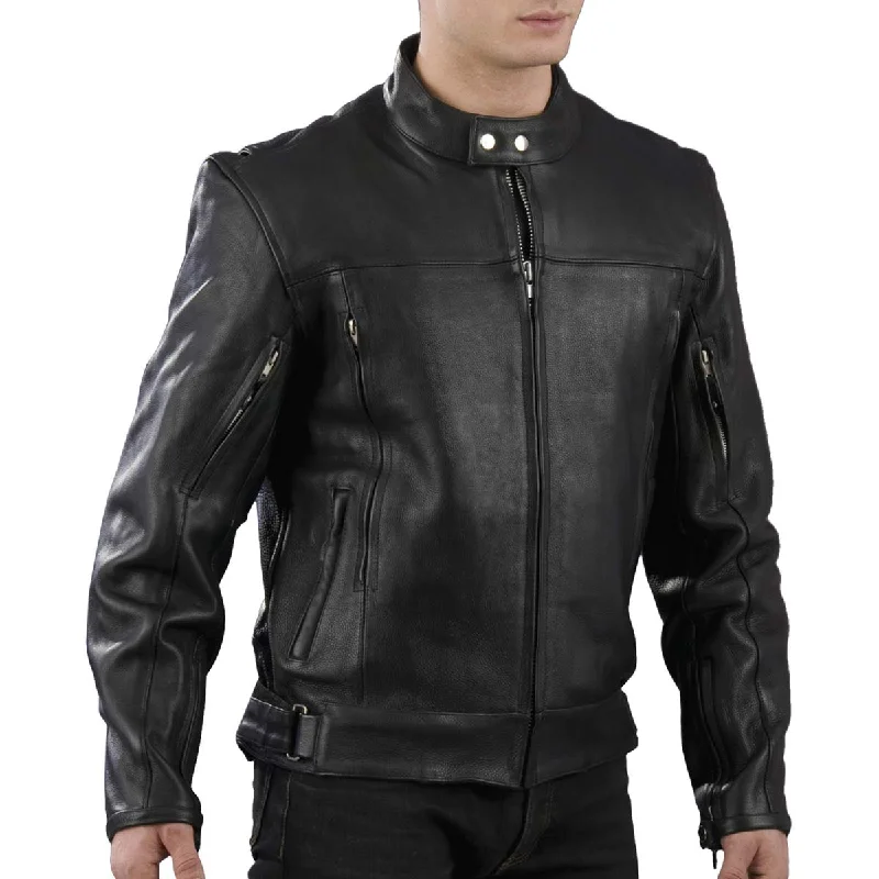 Today's Special Genuine Leather EL1409 Men's Black Leather Vented Mandarin Collar Racer Jacket Today's Special Genuine Leather EL1409 Men's Black Leather Vented Mandarin Collar Racer Jacket