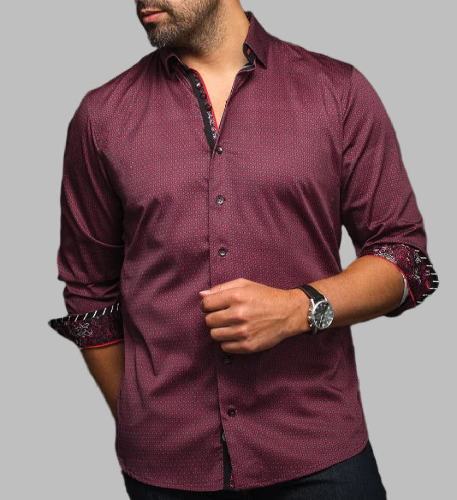 Fantastic Offers Au Noir Button Down Cotton Stretch Knit Long Sleeve-Red
