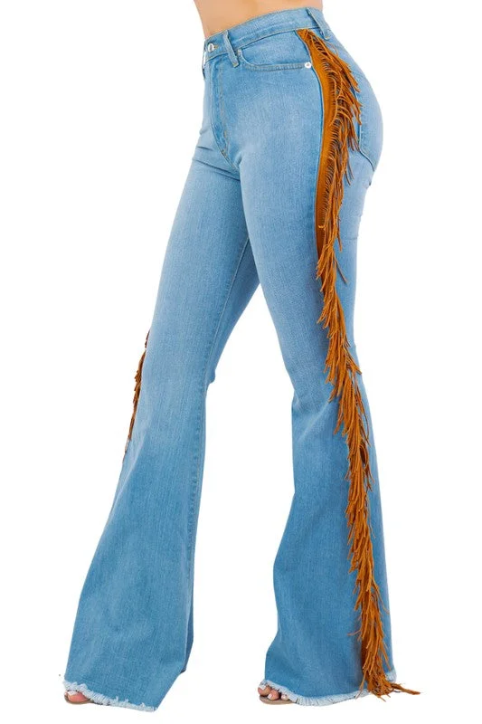 Season Finale Sale Fringe Bell Bottom in Light Blue Inseam 32"