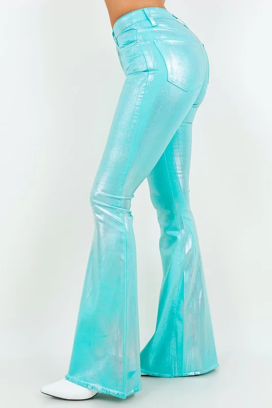 Special Savings Metallic Bell Bottom Jean in Turquoise - Inseam 32