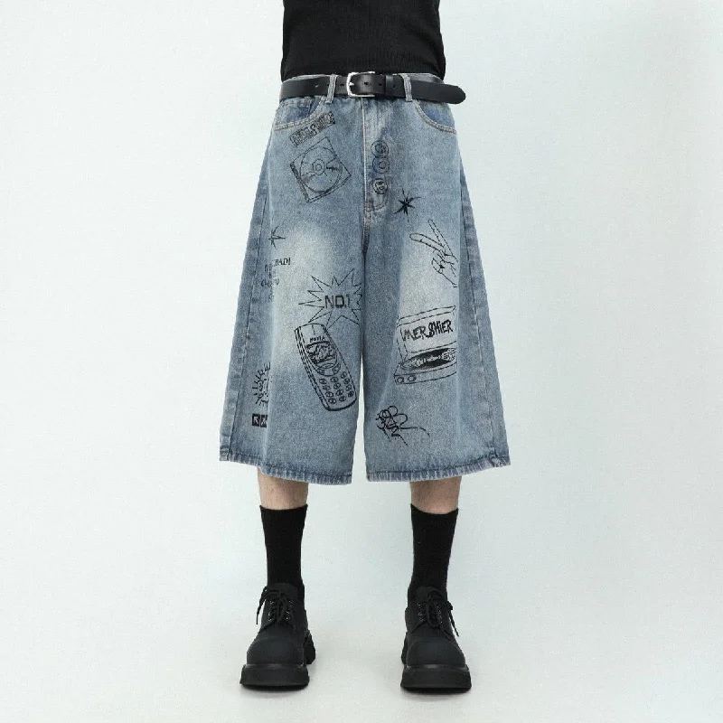Deep Discounts Mixed Graffiti Print Denim Shorts