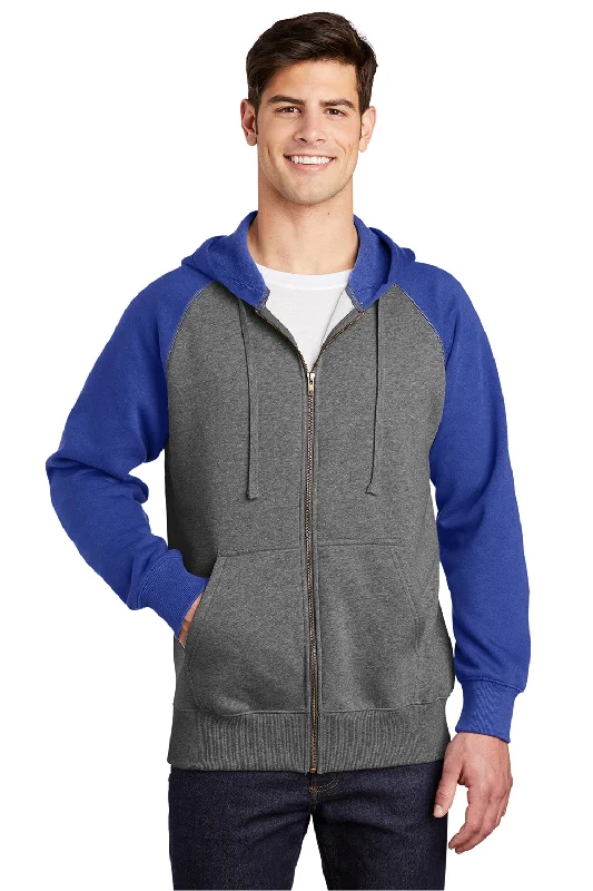 Weekend Special Sport-Tek Mens Shrink Resistant Fleece Full Zip Hooded Sweatshirt Hoodie w/ Pockets - Heather Vintage Grey/True Royal Blue