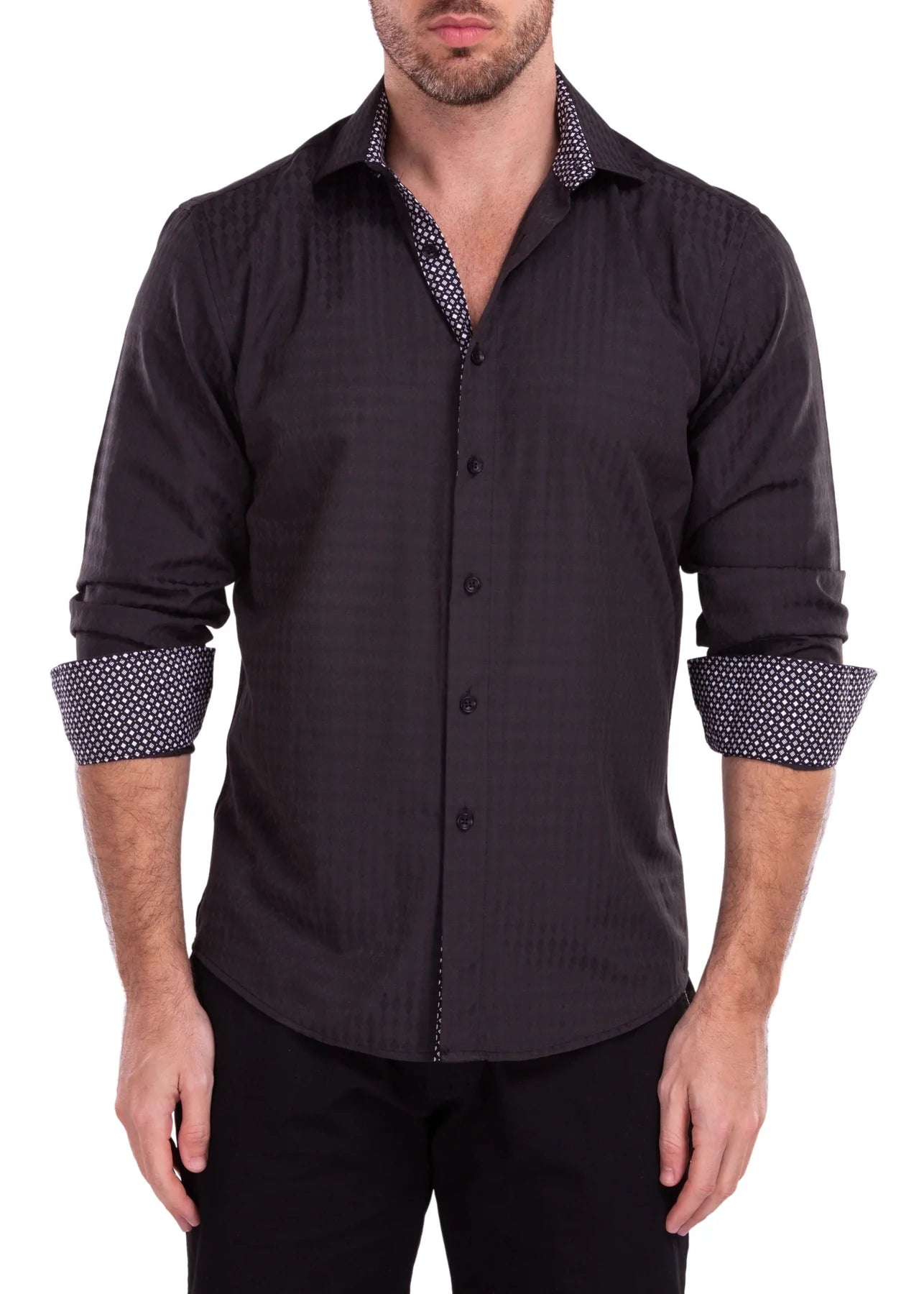 Hurry In BeSpoke Mens Black Tone on Tone Diamond Print Long Sleeve-Black