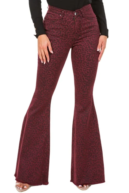 Limited Time Offer Leopard Bell Bottom Jean in Burgundy