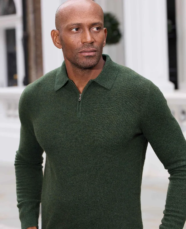 Your Weekend, Your Savings Dark Green Merino Wool Cashmere Zip Neck Long Sleeve Polo Shirt