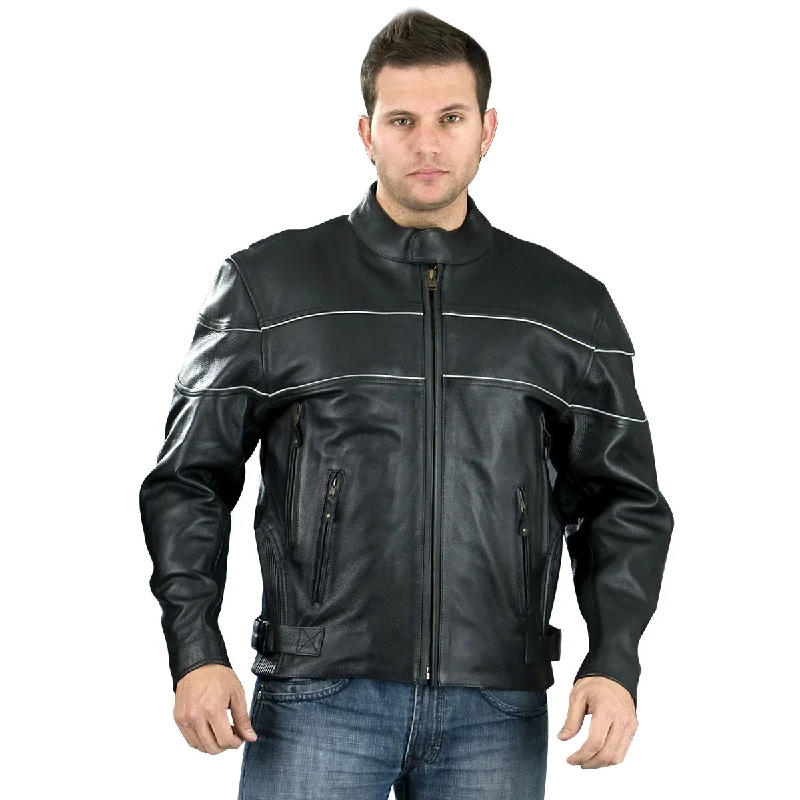Best Bargains Genuine Leather EL2121 Men's Black Side Stretch Jacket with Reflective Piping