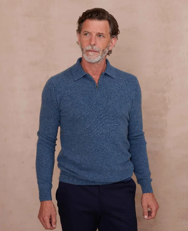 Weekend Specials Just for You Navy Blue Merino Wool Cashmere Zip Neck Long Sleeve Polo Shirt