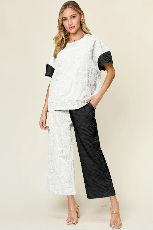 Early Access Texture Contrast T-Shirt and Wide Leg Pants Set