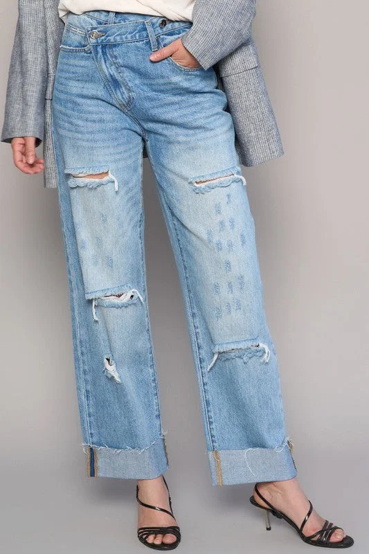 YEAR-End Clearance High Waist Crossover Ripped Straight Jeans