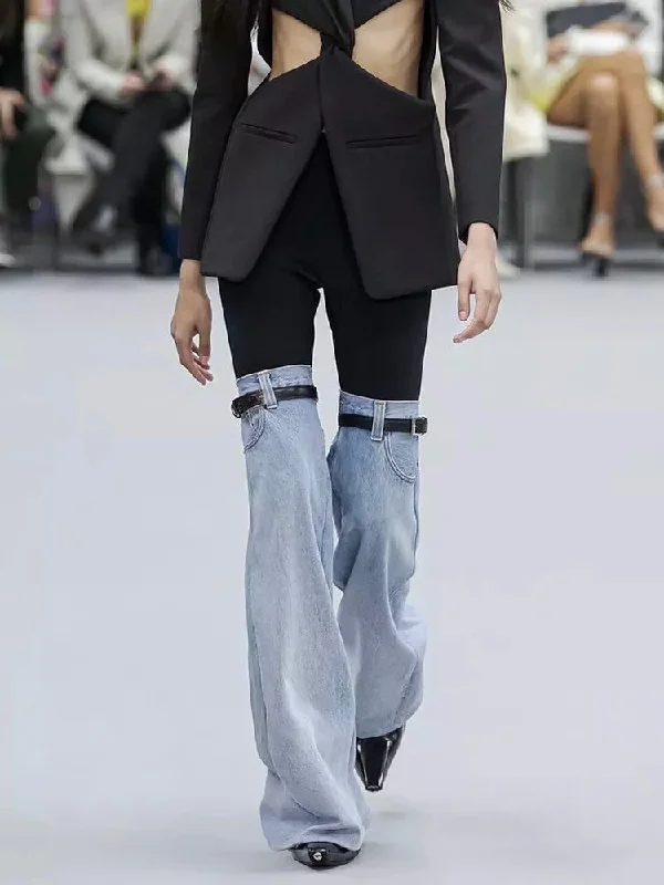 Blowout Sale Fashionella Patchwork Denim Trousers For Women High Waist Spliced Pocket Wide Leg Pants