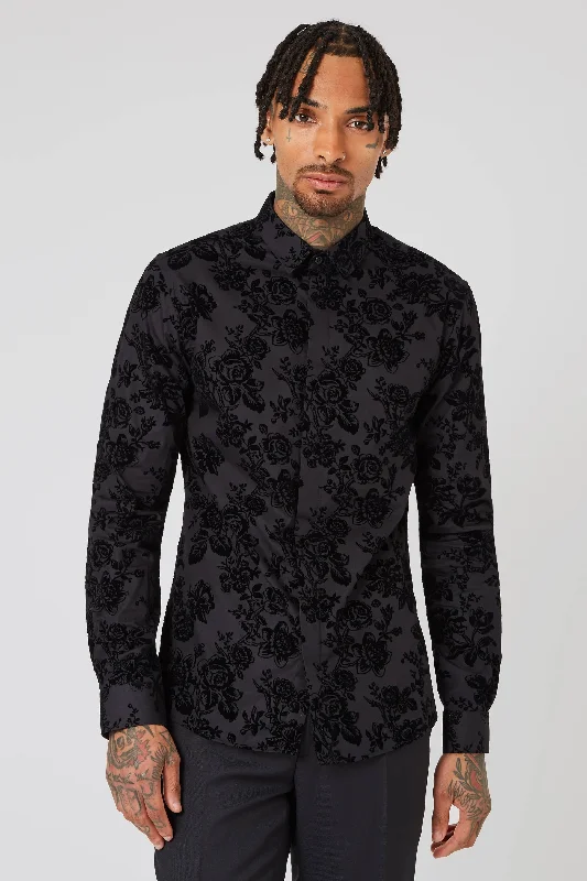 Bonus Savings Armada Skinny Fit Black Floral Flocked Cotton Shirt