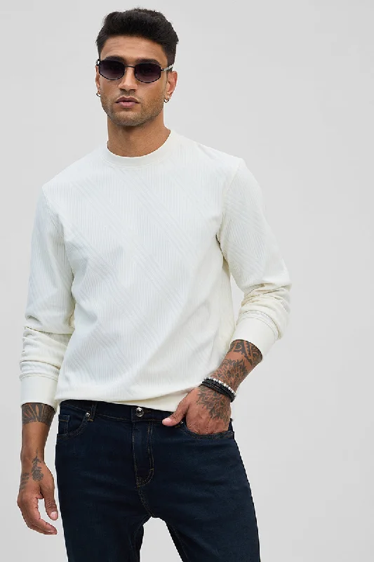 Midnight Madness Off White Self-Design Slim Fit Sweater