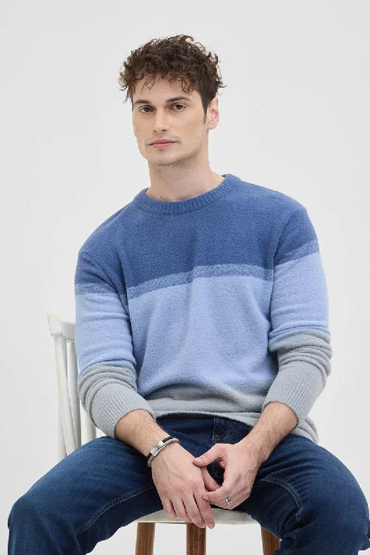 Steal Deal Blue Colourblocked Relaxed Fit Sweater