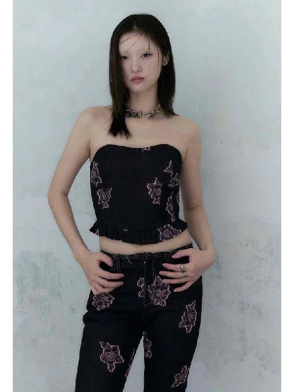 Savings Spectacular Denim Rose Print Tube Top & Bell Pants【s0000007574】
