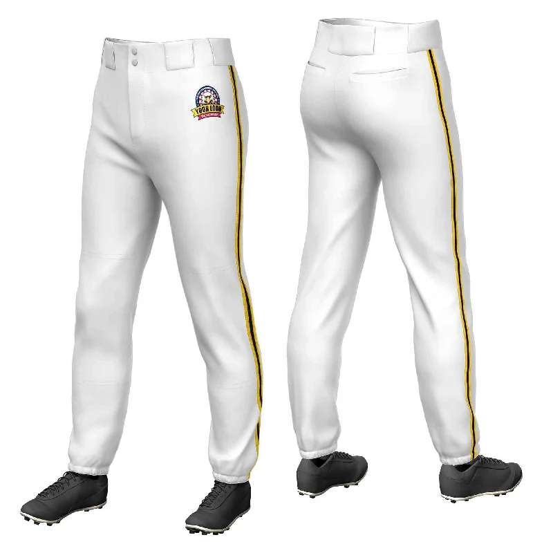 Weekend Specials to Savor Custom White Gold Black-Gold Classic Fit Stretch Practice Pull-up Baseball Pants Weekend Specials to Savor Custom White Gold Black-Gold Classic Fit Stretch Practice Pull-up Baseball Pants