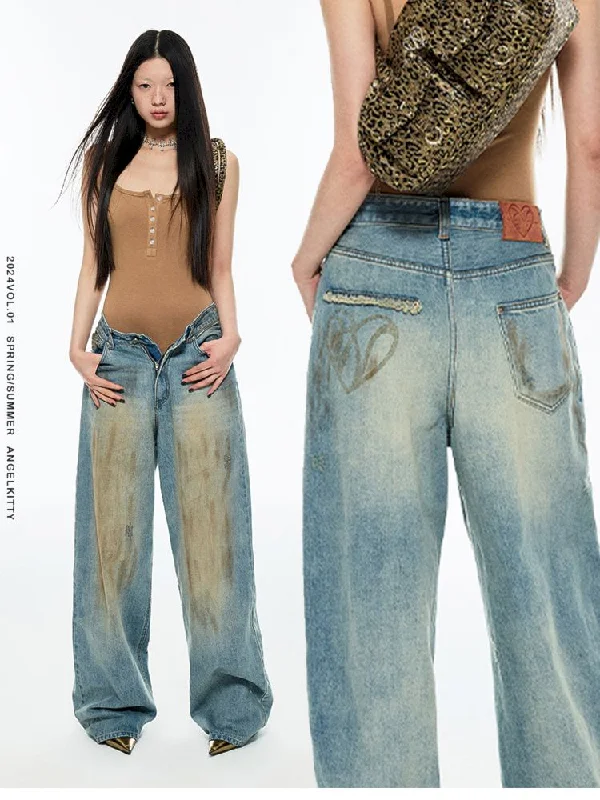 Weekend Discounts to Relish Light blue washed yellow clay-dyed wide-leg jeans【s0000006278】