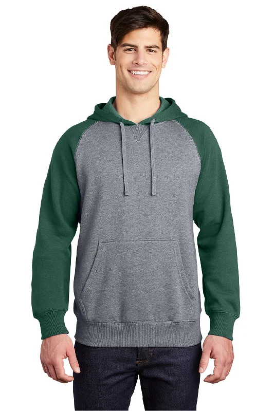 Act Fast Sport-Tek Mens Shrink Resistant Fleece Hooded Sweatshirt Hoodie w/ Pouch Pocket - Heather Vintage Grey/Forest Green