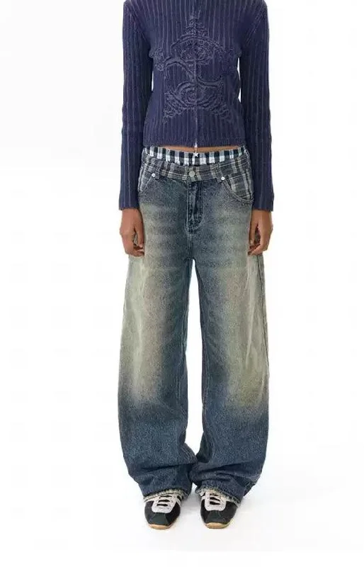 Referral Discount Fade Highlight Plaid Splice Jeans
