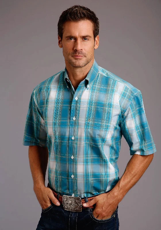 Weekend Specials to Snag Stetson Mens Blue 100% Cotton Teal Plaid BD S/S Btn Shirt
