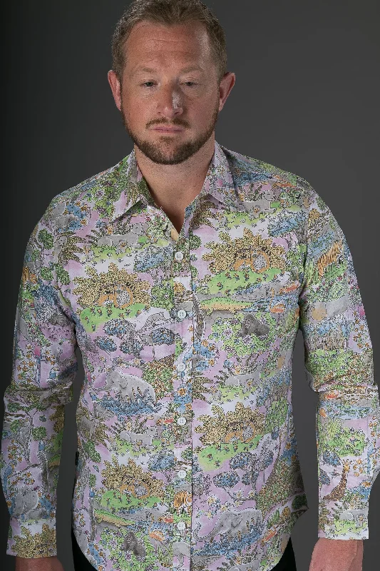 Deal Alert Animal Jungle Pink Print Cotton Slim Fit Mens Shirt Long Sleeve