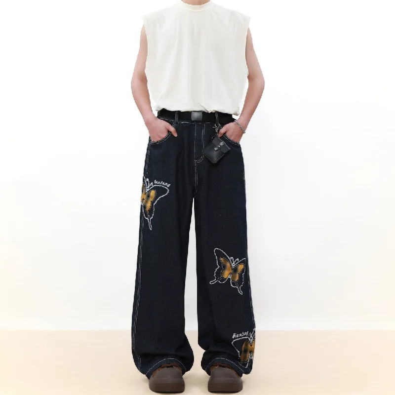 Major Savings Stitched Plaid Butterflies Jeans