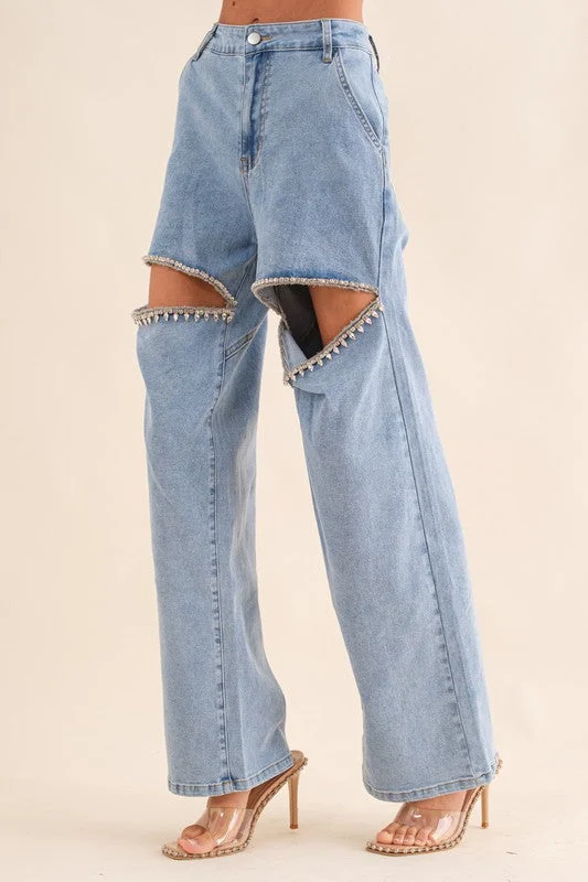 Weekend Specials to Delight Washed Denim Cut Front Rhinestone Jeans in Light Wash