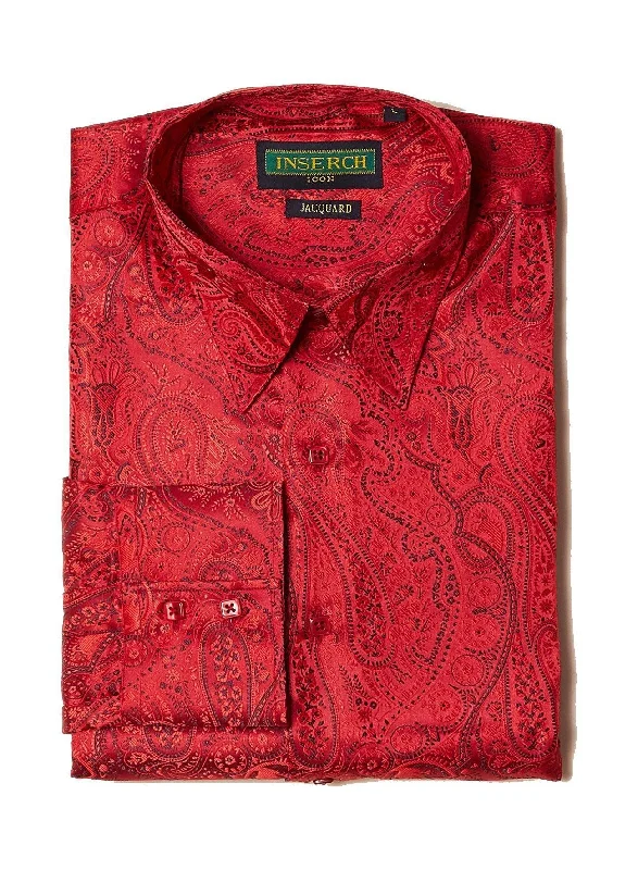 Doorbuster Deal Long Sleeve Light Red Paisley Jacquard Shirt