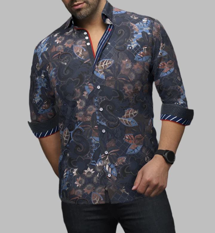 Overstock Sale Au Noir "Machado" Woven Long Sleeve Sport Shirt - Navy Rust