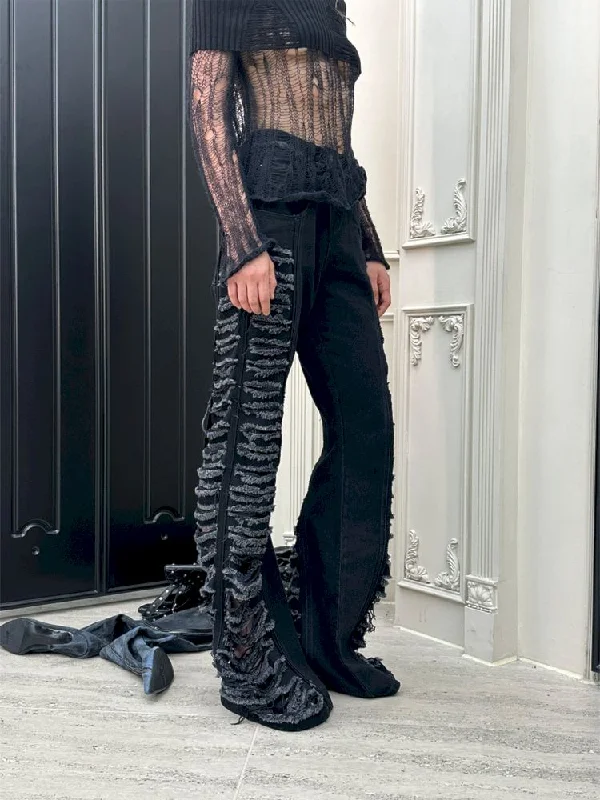 Discount Mania Two-Tone Side Ripped Jeans【s0000006793】