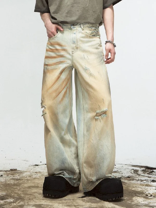 Weekend Discounts to Savor YELLOW MUD DYED WASHED OLD WORN HOLES STRAIGHT JEANS [S0000008491]